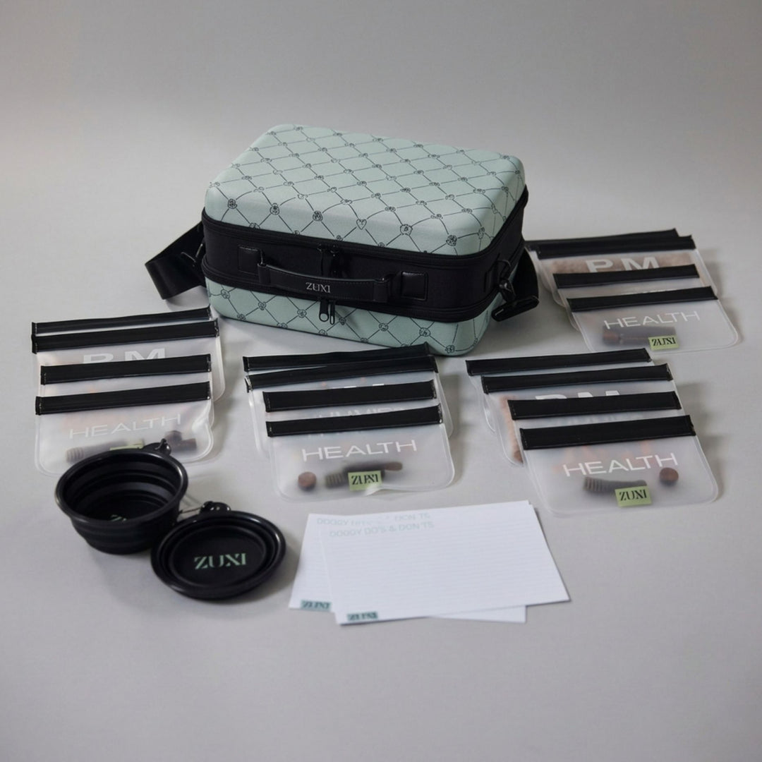 A pet travel kit laid out on a light gray surface, including a sage green and black patterned carrying case, several clear zippered pouches with black bands labeled 'HEALTH' , "TREATS", "AM" ans 'PM', two collapsible bowls, three white note cards labeled DOGGY DO'S AND DONT'S
